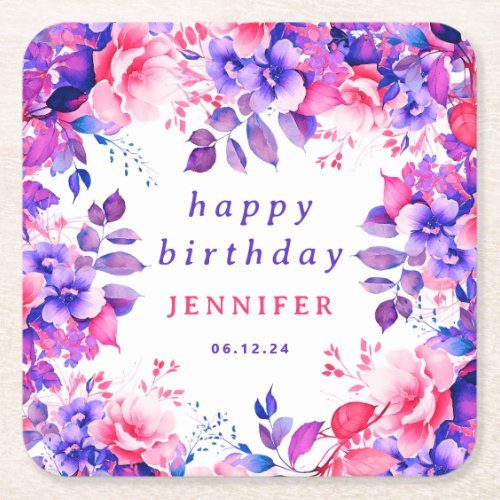 Chic Watercolor Floral Happy Birthday Purple  Square Paper Coaster