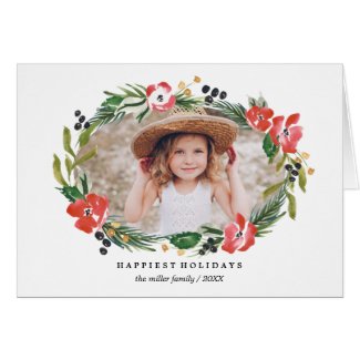 Chic Watercolor Floral Holiday Photo
