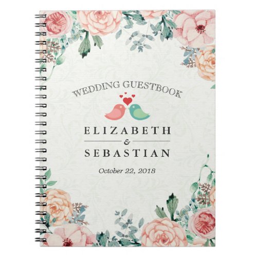 Chic Watercolor Floral Love Birds Couple Guestbook Notebook