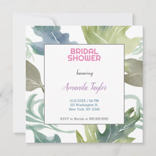 Chic Watercolor Floral Minimalist Bridal Shower Invitation
