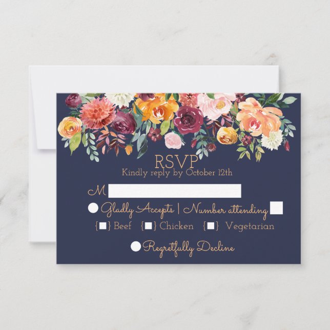 Chic Watercolor Floral Navy Blue Wedding RSVP Card (Front)