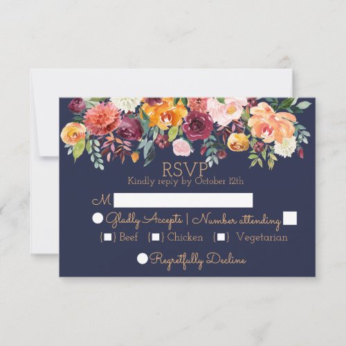 Chic Watercolor Floral Navy Blue Wedding RSVP Card