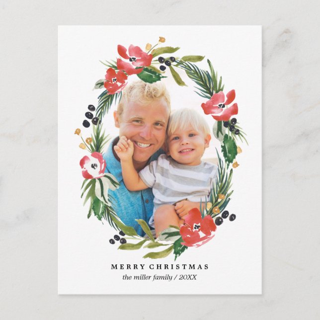 Chic Watercolor Floral Oval Holiday Photo (Front)
