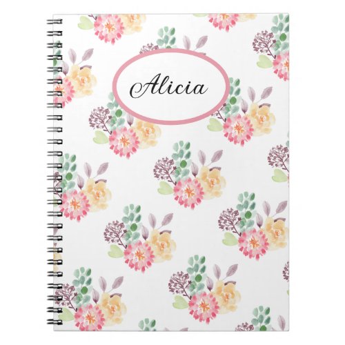 Chic Watercolor Floral Pattern Monogrammed  Notebook