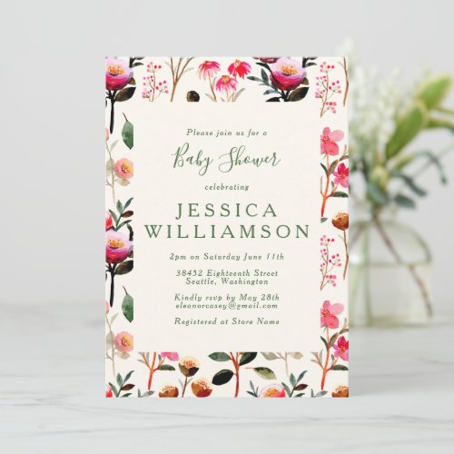 Chic Watercolor Floral Pink and Green Baby Shower Invitation