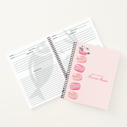 Chic Watercolor Floral Pink French Macaron Recipe Notebook
