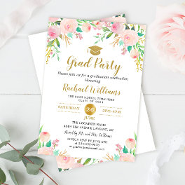 Chic Watercolor Floral Pink Gold Graduation Party Invitation