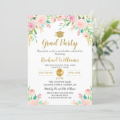 Chic Watercolor Floral Pink Gold Graduation Party Invitation (Standing Front)