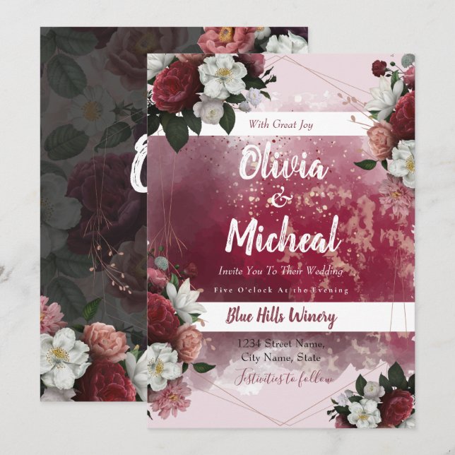 Chic Watercolor Floral Red Burgundy theme invite (Front/Back)