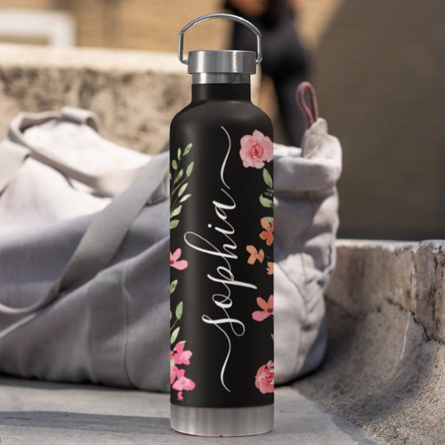 Chic Watercolor floral Script Personalized Water Bottle