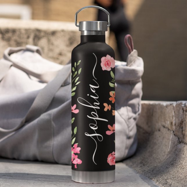 Chic Watercolor floral Script Personalized Water Bottle (Chic watercolor boho florals on black personalized water bottle.)