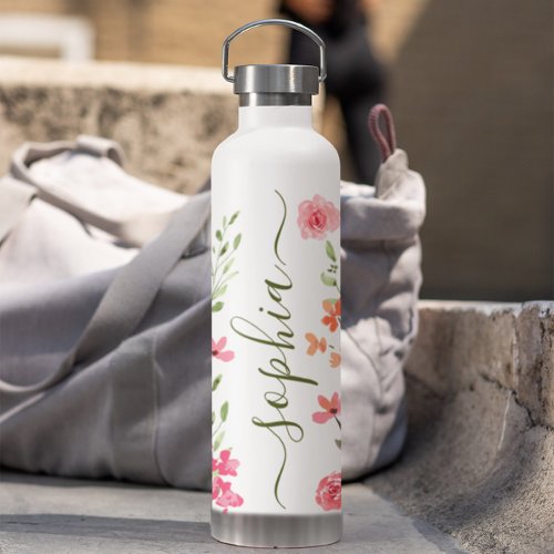 Chic Watercolor floral Script Personalized Water Bottle