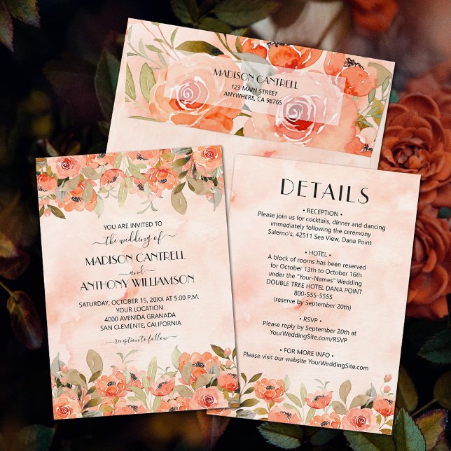 Chic Watercolor Floral Wedding All In One Invitation (Watercolor orange floral all-in-one wedding invitations (envelopes sold separately.))