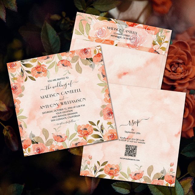 Chic Watercolor Floral Wedding All In One Invitation (Watercolor orange floral all-in-one wedding invitations (envelopes sold separately.))