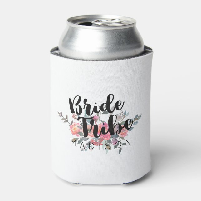 Chic Watercolor Floral Wedding Bride Tribe Can Cooler (Can Front)
