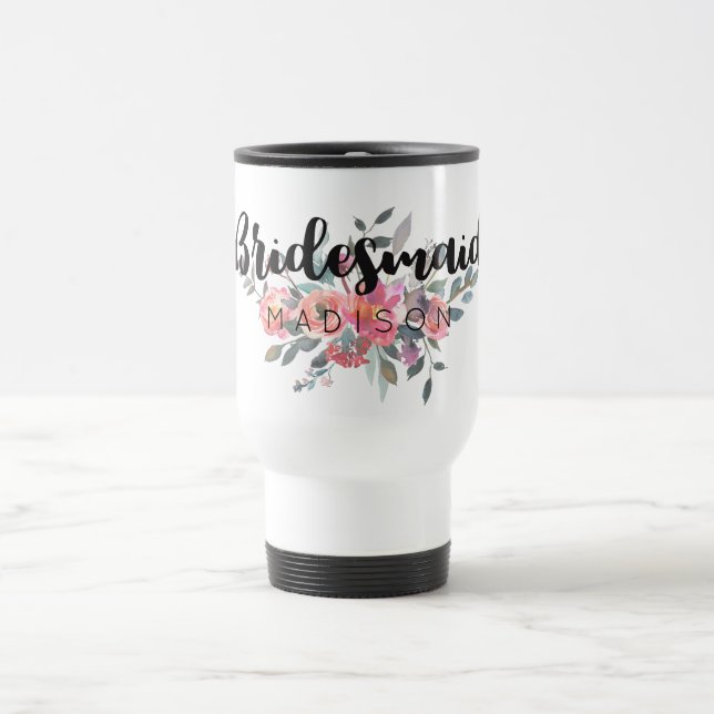 Chic Watercolor Floral Wedding Bridesmaid Travel Mug (Center)