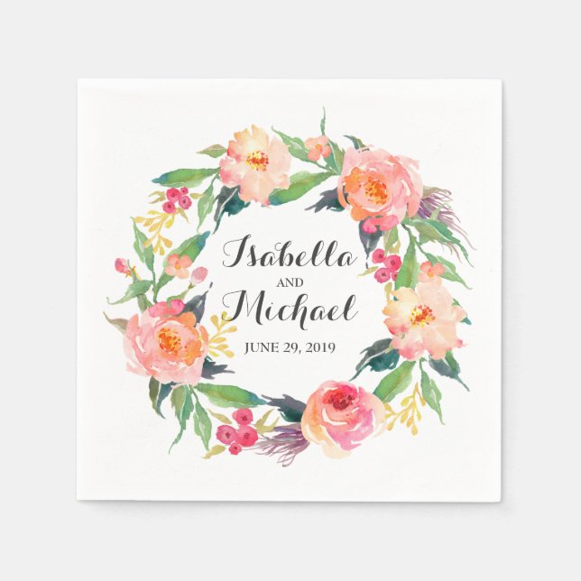 Chic Watercolor Floral Wedding Paper Napkins (Front)