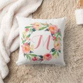 Chic Watercolor Floral Wreath Monogram Throw Pillow (Blanket)