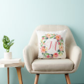 Chic Watercolor Floral Wreath Monogram Throw Pillow (Chair)