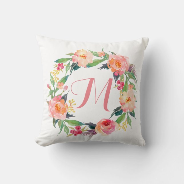 Chic Watercolor Floral Wreath Monogram Throw Pillow (Front)