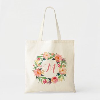Chic Watercolor Floral Wreath Monogram Tote Bag by Precious_Presents at Zazzle