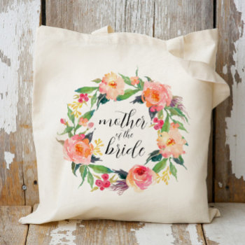 Chic Watercolor Floral Wreath Mother Of The Bride Tote Bag by Precious_Presents at Zazzle