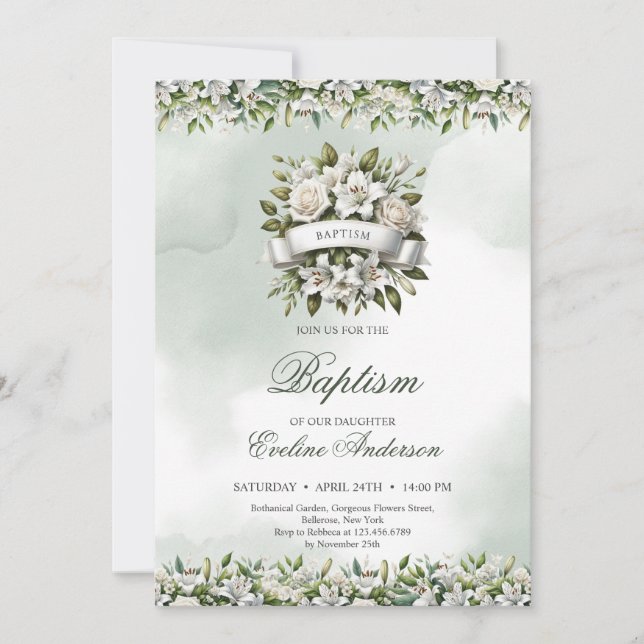 Chic watercolor floral wreath with ribbon Baptism Invitation (Front)