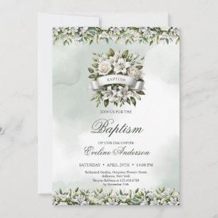Chic watercolor floral wreath with ribbon Baptism Invitation