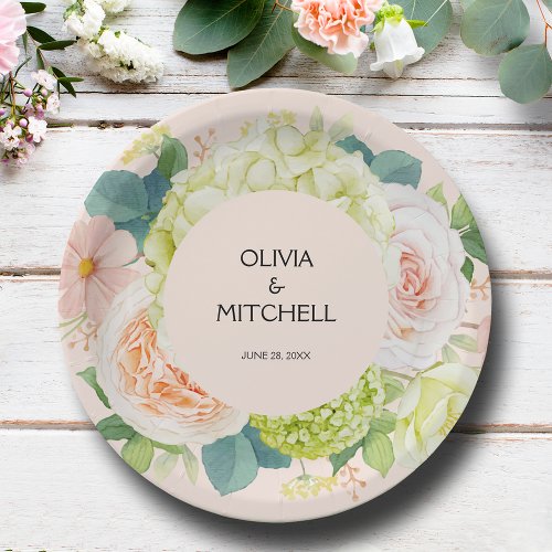 Chic Watercolor Florals Blush Pink Wedding Paper Plates