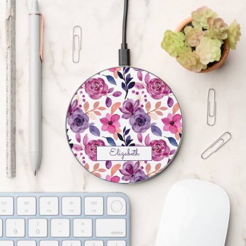 Chic watercolor florals elegant name  wireless charger 