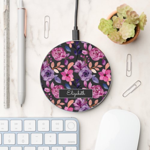 Chic watercolor florals elegant name wireless charger 