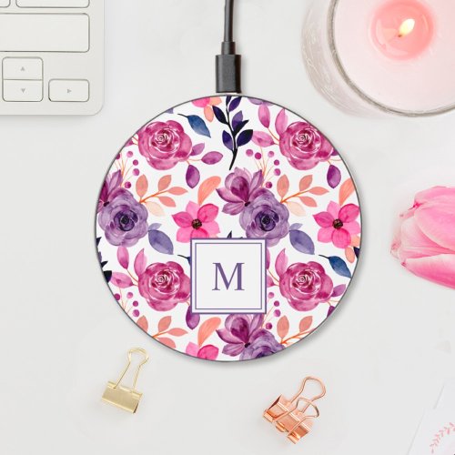 Chic watercolor florals monogram elegant wireless charger 