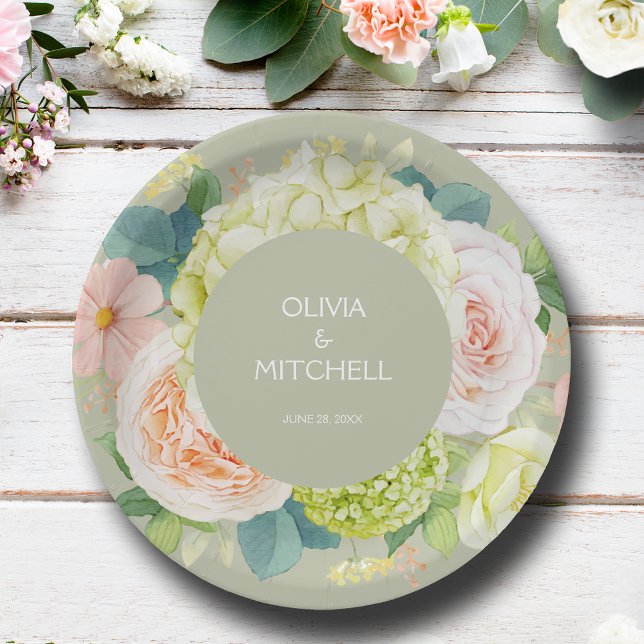 Chic Watercolor Florals Sage Green Wedding Paper Plates (Chic Watercolor Florals Sage Green Wedding Paper Plates)