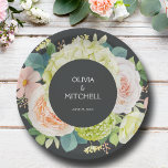 Chic Watercolor Florals Wedding Paper Plates<br><div class="desc">Beautiful watercolor of white and green hydrangeas with pink and cream roses,  daisies,  small blossoms and leaves,  create these paper plates for your wedding,  bridal shower,  engagement party,  with your details in chic white lettering on a dark background. MATCHING items in our store.</div>