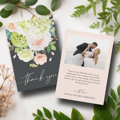 Chic Watercolor Florals Wedding Photo Thank You Card