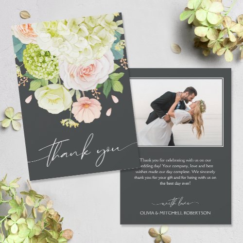 Chic Watercolor Florals Wedding Photo Thank You Card