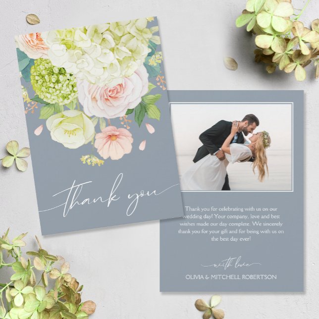 Chic Watercolor Florals Wedding Photo Thank You Card (Watercolor florals on front, your photo and message on the back of flat wedding thank you cards)