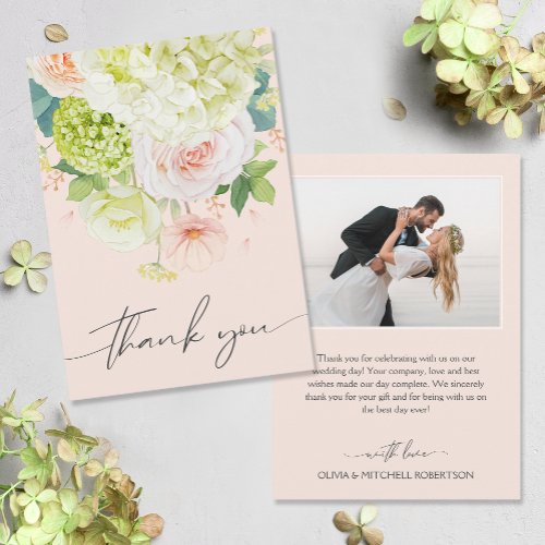 Chic Watercolor Florals Wedding Photo Thank You Card