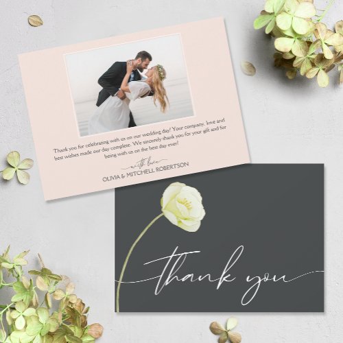 Chic Watercolor Flower Wedding Photo Thank You Card