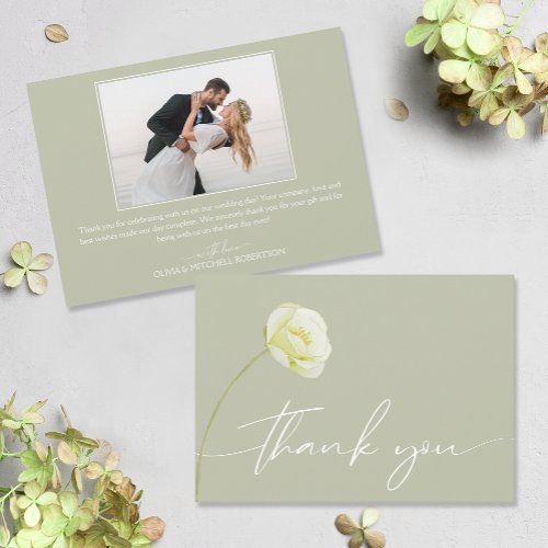 Chic Watercolor Flower Wedding Photo Thank You Card