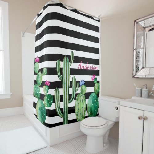 Chic Watercolor Flowering Cactus Personalized Shower Curtain