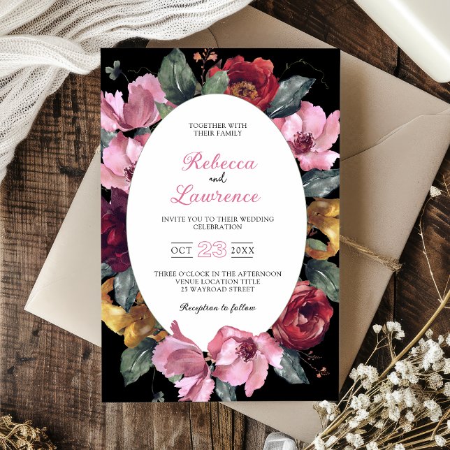 Chic watercolor flowers black wedding invitation (Creator Uploaded)