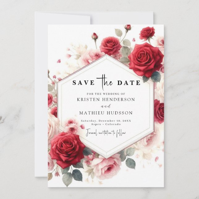 Chic Watercolor Flowers Crimson Red Wedding Save The Date (Front)