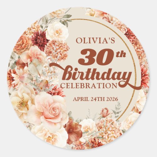 Chic watercolor flowers fall colors 30th birthday classic round sticker