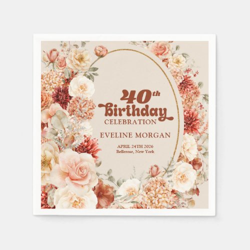 Chic watercolor flowers fall colors 40th birthday napkins
