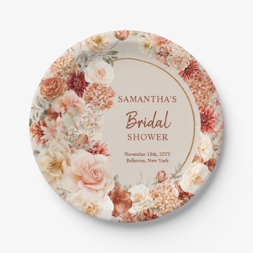 Chic watercolor flowers fall colors copper blush  paper plates