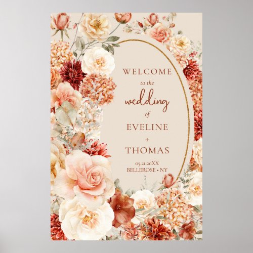 Chic watercolor flowers fall colors copper Welcome Poster