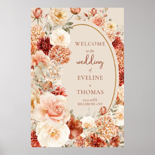 Chic watercolor flowers fall colors copper Welcome Poster (Front)