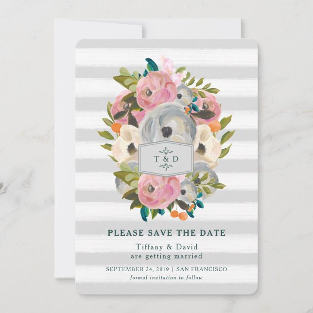 Chic Watercolor Flowers Gray Stripes Save the Date (Front)