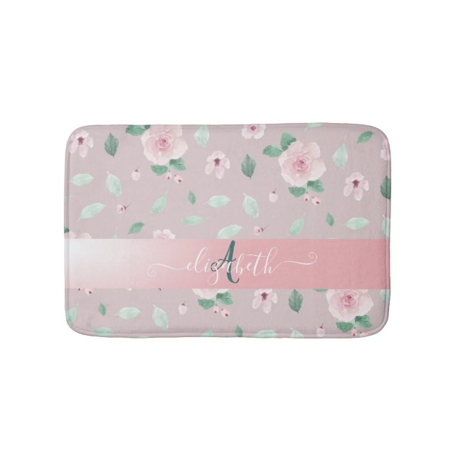 Chic Watercolor Flowers Monogram Bath Mat (Front)